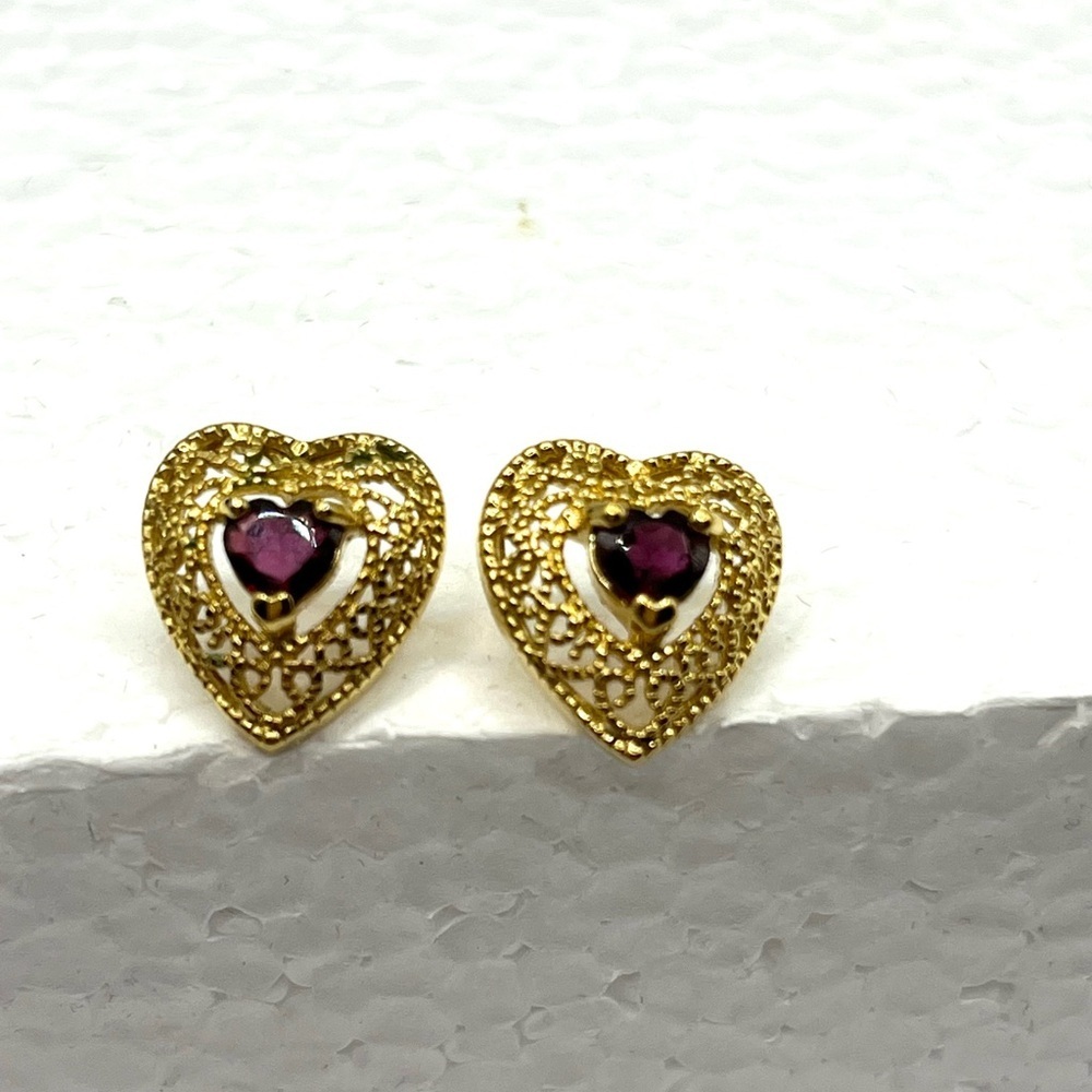 Gold Tone Heart Filigree Earrings with Red Gemstone ❤️